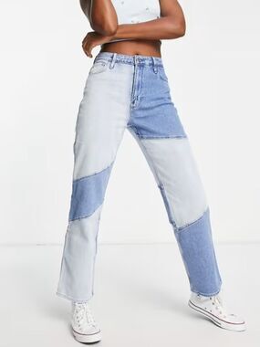 Hollister Womens Stripe Two Tone Blue High Rise Dad Jean Denim Jeans Size 29x31